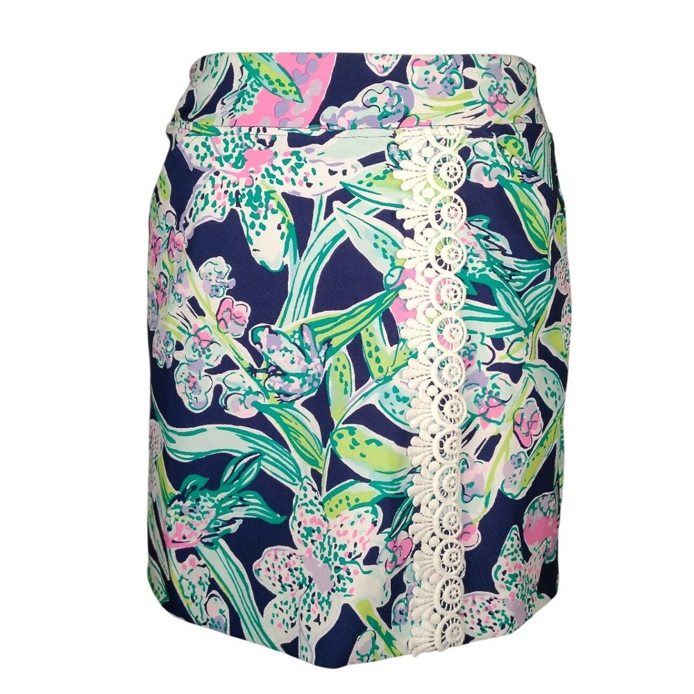 Lilly Pulitzer Luxletic Navy Blue Floral Orchid Lace Trim Skort Size 2